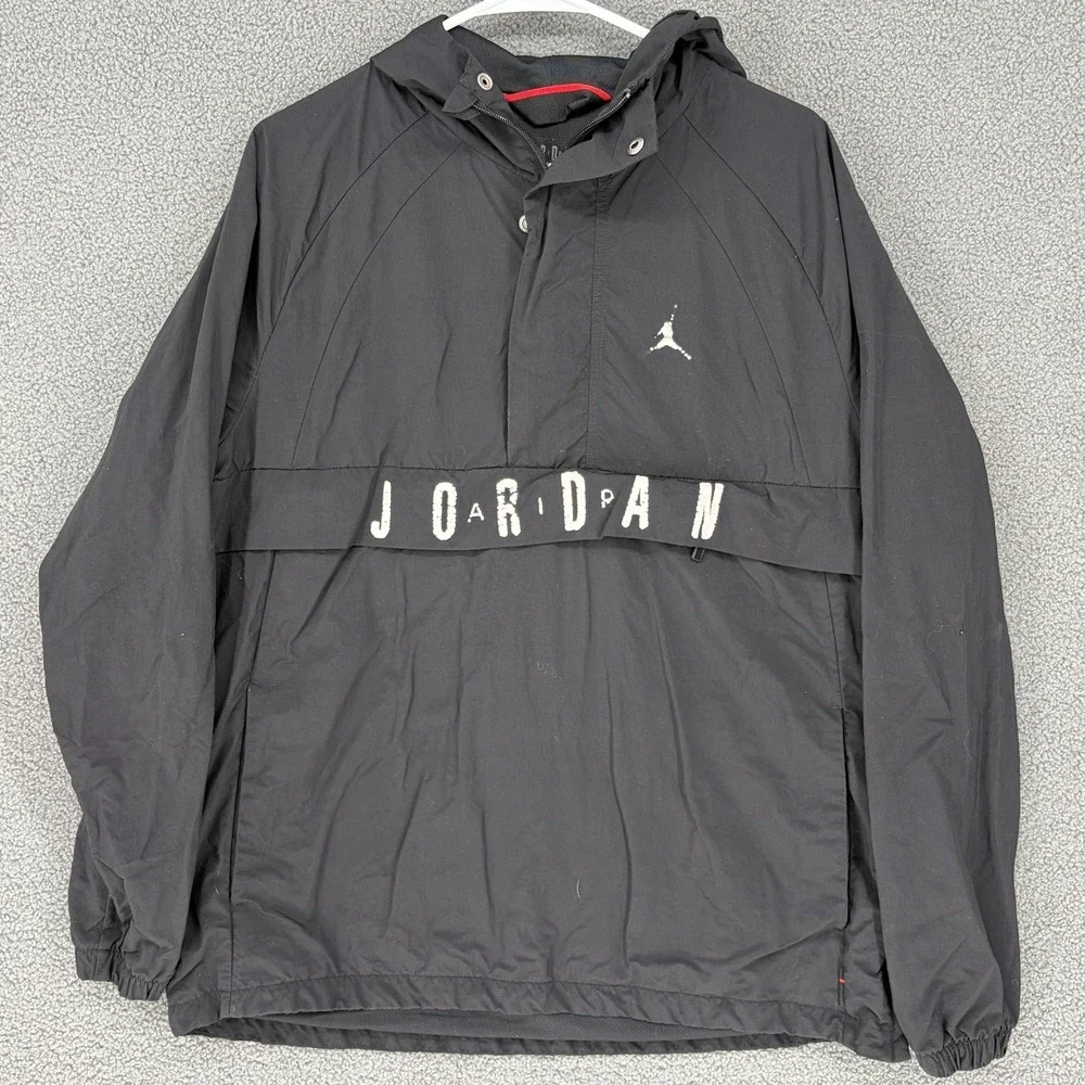 Jordan Brand Mens Black Half Zip Hooded Windbreaker Jacket Medium Jumpman Logo